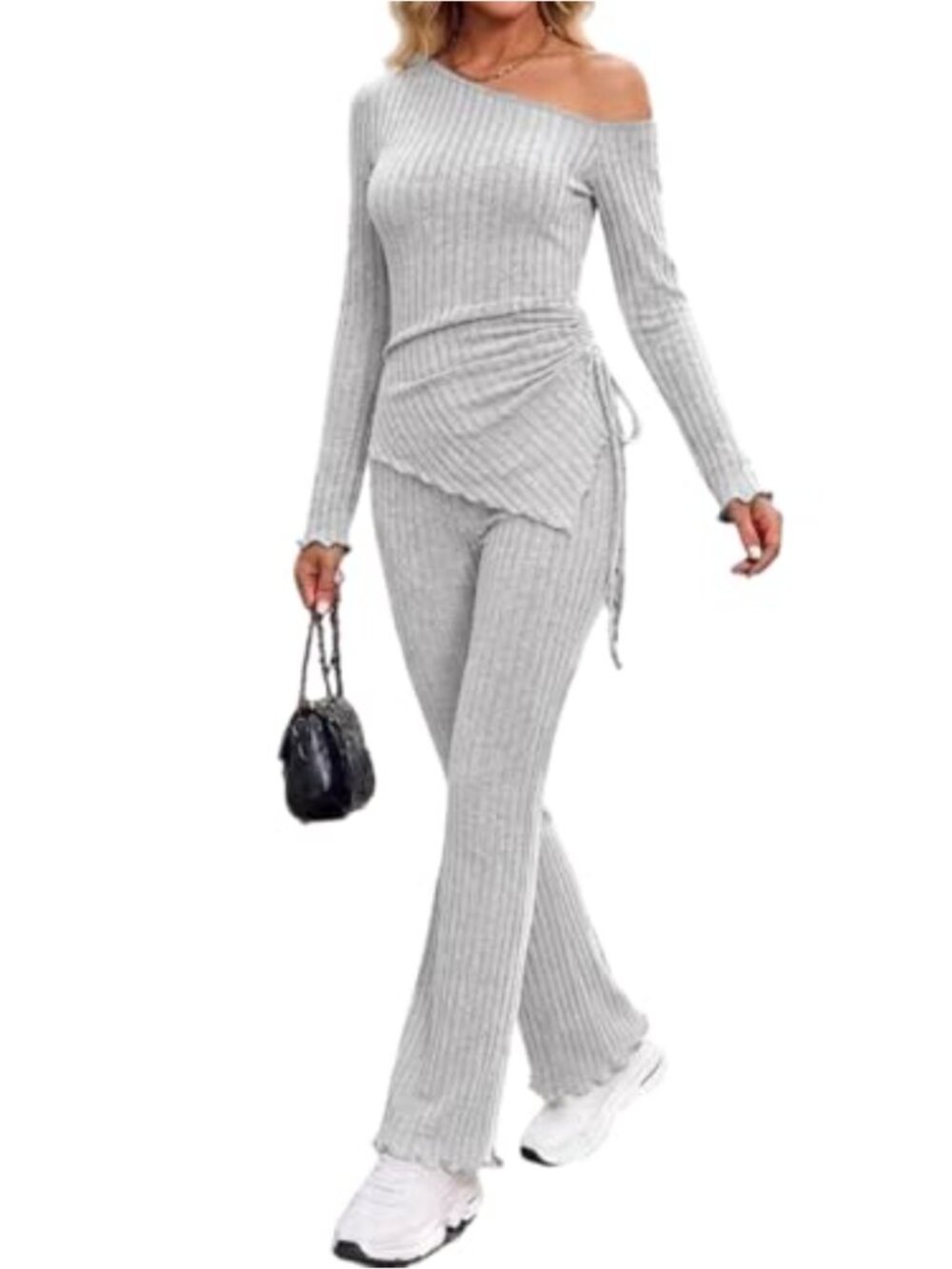 Ribbed Knit 2 Piece Lounge Set One Shoulder Top Flare Leg Pants